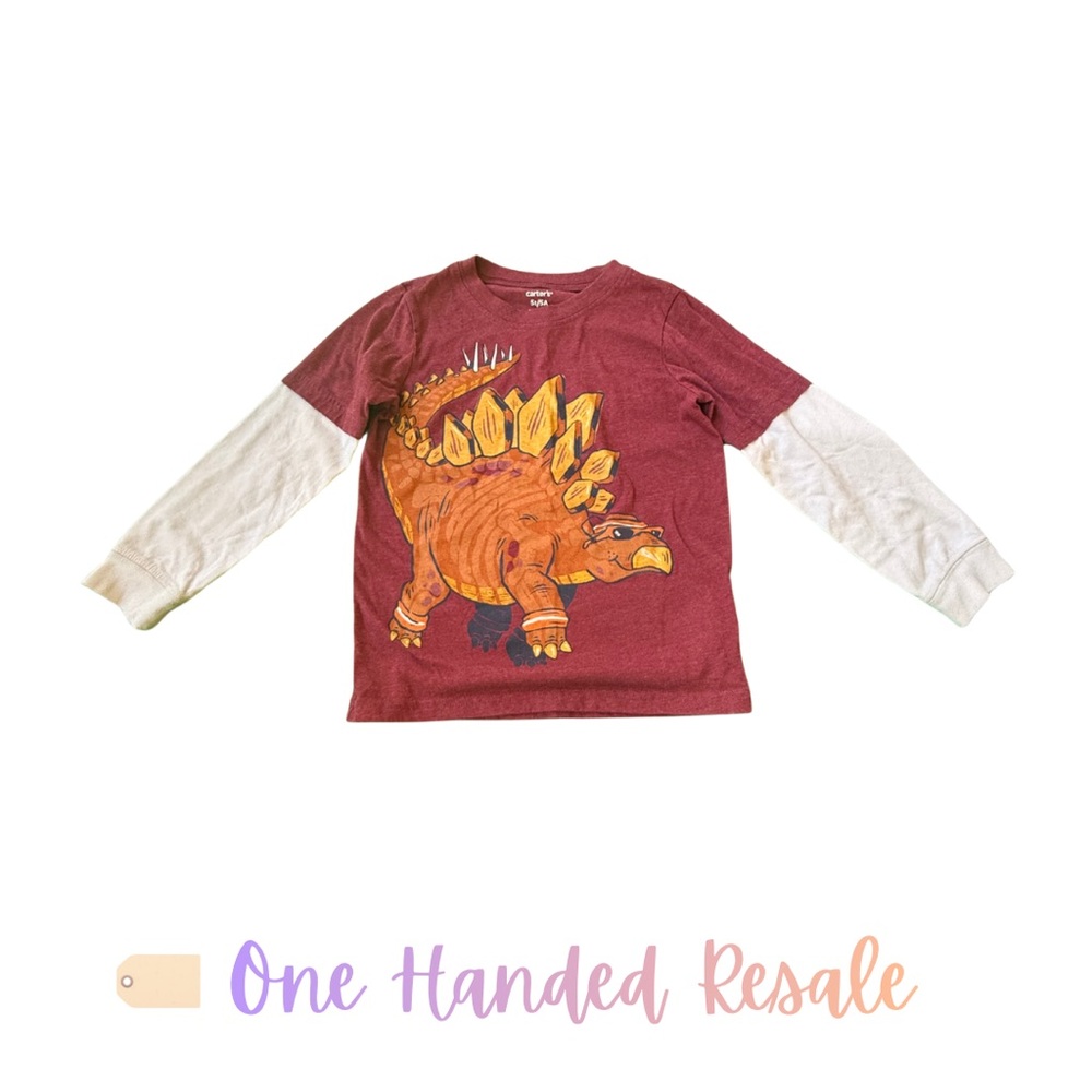 🦕 Carter's Red White Long Sleeve Dinosaur Graphic Long Sleeve Tee TShirt Dino 5T